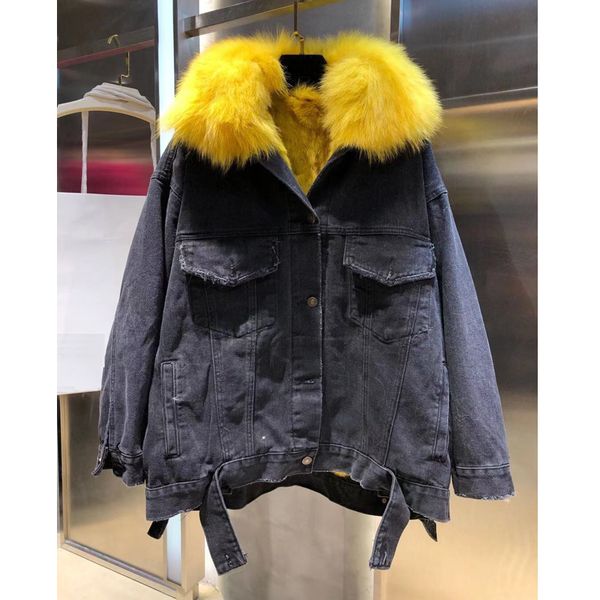 

11.18 2019 winter new loose detachable fur collar lining rex fur thicken denim coat, Black