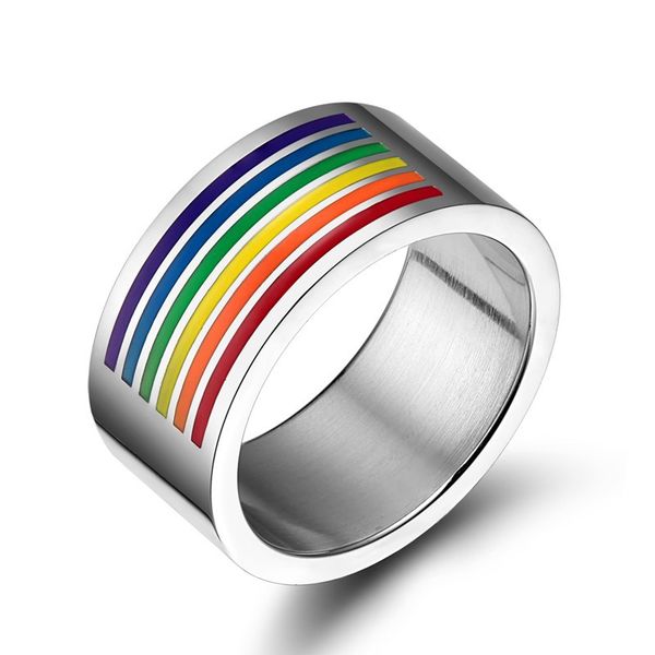 

rainbow ring with colored diamonds crystal ring 10mm stainless steel men's ring lgbtq accessories bisexual fashion jewelry, Silver