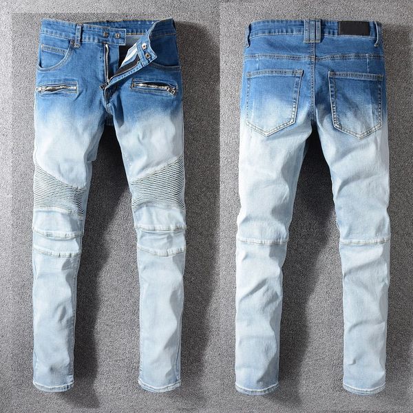 

2019 fashion casual desig men's washed pleated design casual blue slim hole stitching lightweight jeans man's moto drape jeans pan