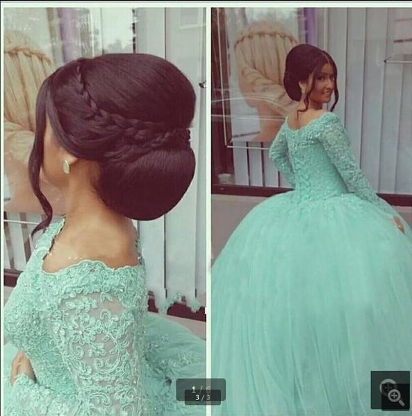 

2019 vintage muslim mint green prom dresses lace appliques long sleeves ball gown beaded sequins prom dress vestidos de noiva prom gowns, Black