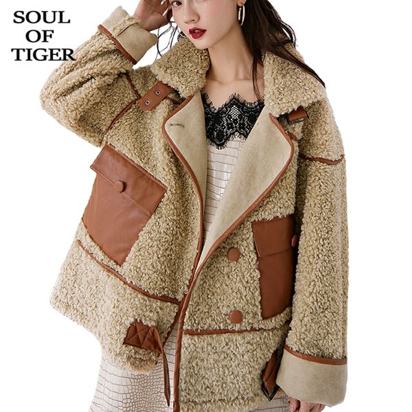 

soul of tiger 2019 fashion england ladies luxury fluffy jackets womens thick warm fur coats winter pu patchwork woolen clothes, Black