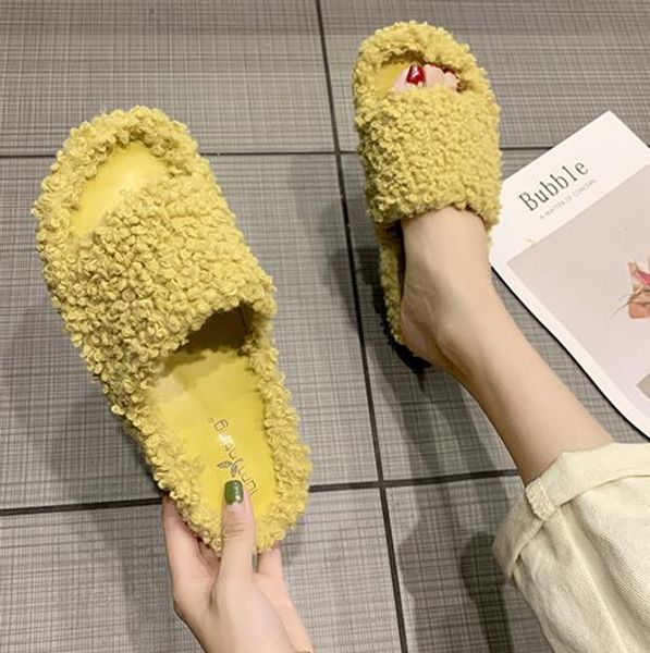 

net red with the fur shoes 2019 female autumn wear new wild thick bottom sandals lamb hair word slippers, Black