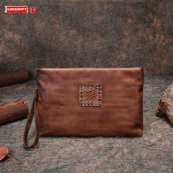 

new handmade leather big women clutch bag retro rivet cowhide female mobile phone clutch bag zipper casual envelope bags 2020