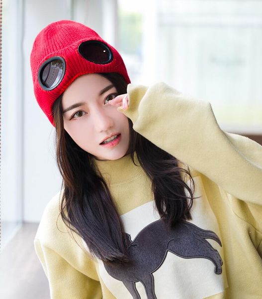

fashion- color winter knitted women men warm hats glasses wool knit beanie skulports hats caps windproof mirror plush snow cap, Blue;gray