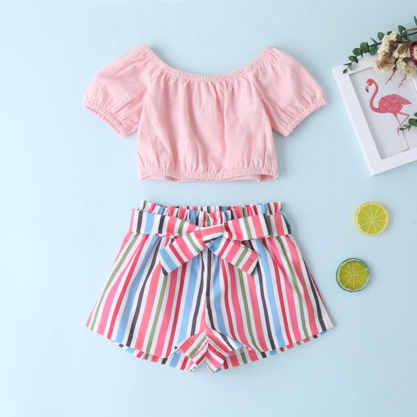 

2020 new summer children's clothing girl fashion sweet pink pink shoulder color striped pants suit 2-6y, White