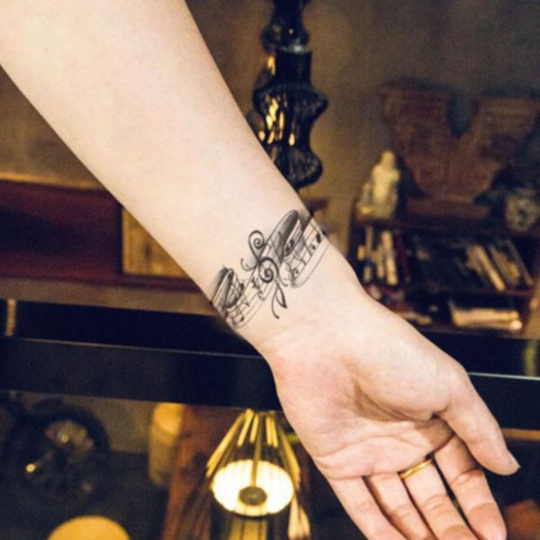 Acheter Autocollants De Tatouage Temporaire Imperméable à Leau Mignon Noir Gris Notes De Musique Design Body Art Homme Femme Outil De Maquillage De