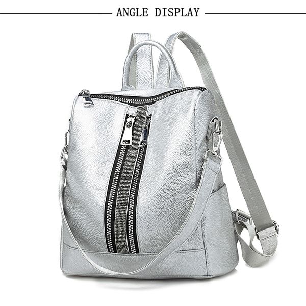 small silver backpack