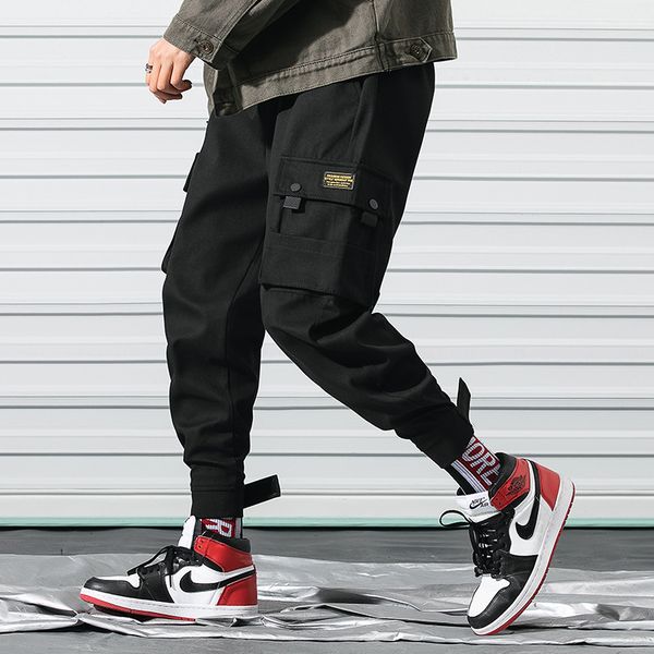 

hip pop designer pants for men 2019 spring fashion men's pants with many pockets overalls clothing drawstring casual trousers m-3xl, Black