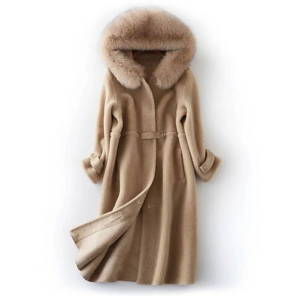 

women 2019 winter real fox fur collar hooded natural sheep shearing overcoat female slim pu suede liner genuine wool jacket k326, Black