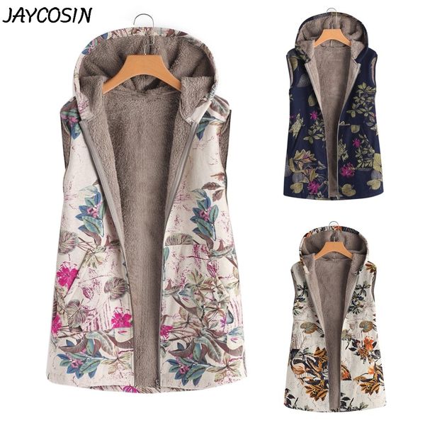 

jaycosin женщины меховой жилет офис lady winter warm жилеты outwear цветочный принт с капюшоном карманы урожай негабаритные пальто плюс разм, Black