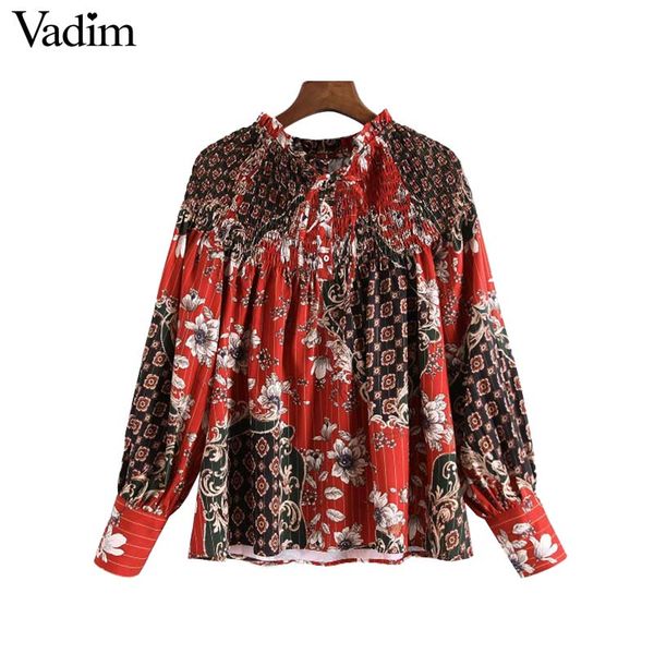 

vadim women chic loose floral blouses bow tie long sleeve pleated shirts vintage female casual blusas mujer la633, White
