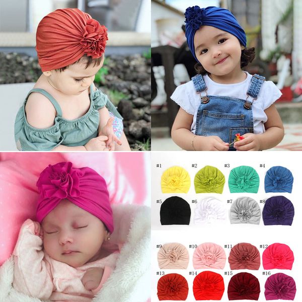 

europe infant baby girls hat pleated flower cotton headwear child toddler kids beanies turban hats children hat 16 colors 15015, Yellow