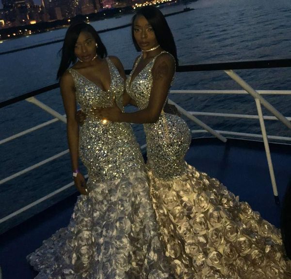 

gold color mermaid long prom dresses 2019 south african black girls deep v neck holidays graduation wear evening party gowns, White;black