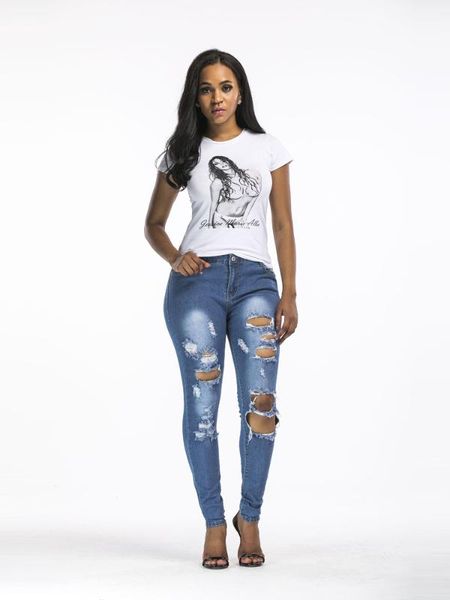 

skinny jeans trousers pencil-pants blue hole knee ripped denim high-waist casual dm001