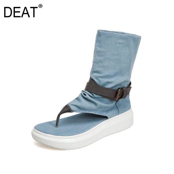 

deat] 2020 round toe belt buckle denim cloth casual single shoes women thick bottom cool boots new spring summer fashion 10g192, Black