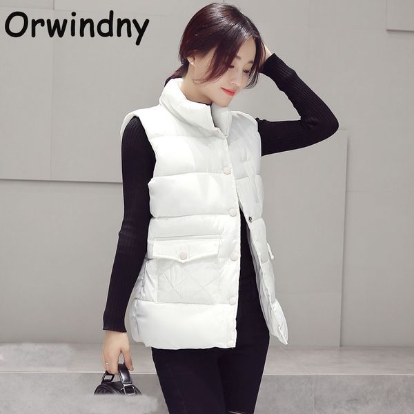 

orwindny winter cotton vest women coat new fashion stand collar sleeveless tank jacket solid color slim autumn outwear waistcoat, Black;white