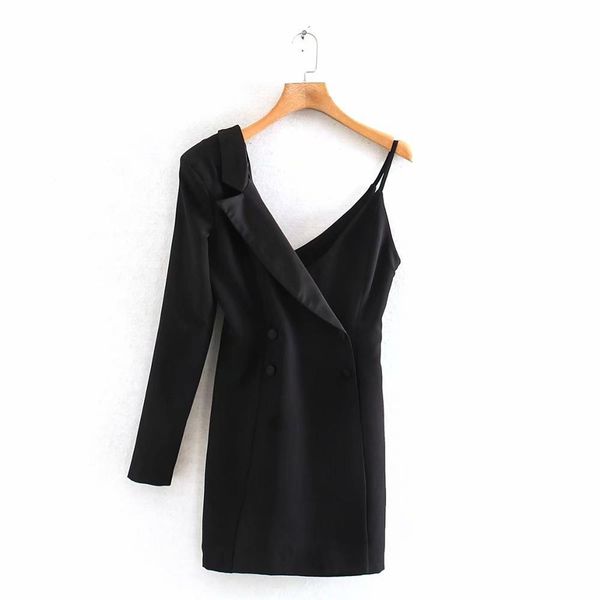 

2020 women single shoulder strap double breasted suit design sling dress business vestidos chic side zipper dresses ds3214, Black;gray