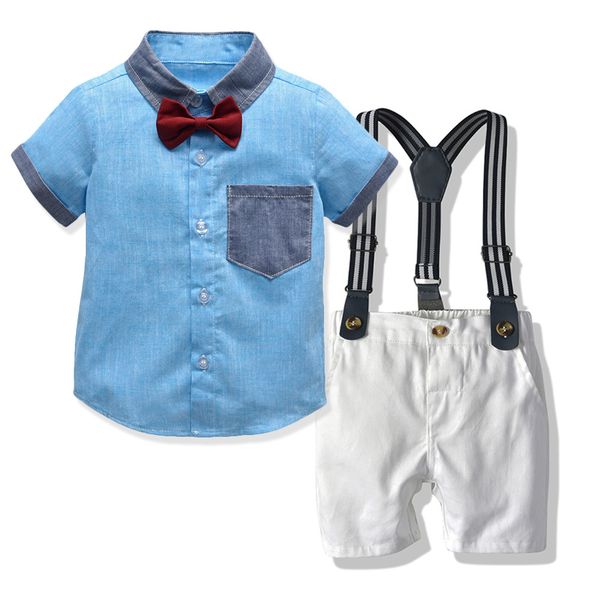 

boys summer clothes set 2020 gentleman lapel shirt strap shorts fashion cardigan t-shirt 2 piece set, White