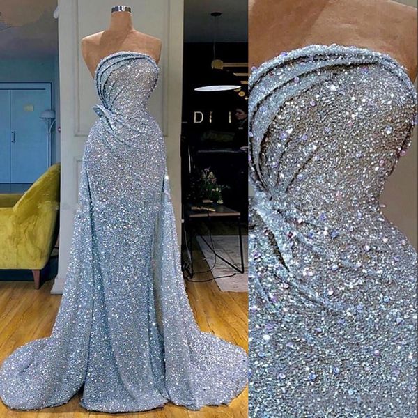 

new sky blue sequins lace prom dresses sheath strapless sleeveless crystal ruched party dress sequined formal evening gowns wear, Black