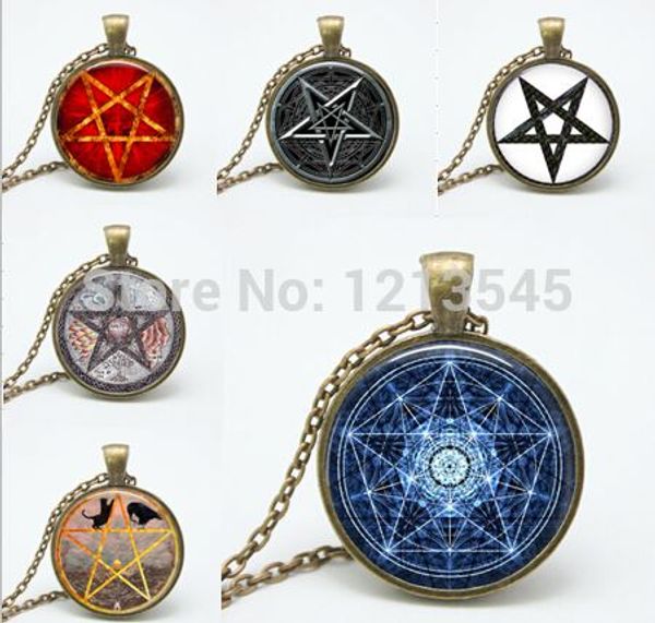 

6 style personality pentagram glass pendant necklace charm wiccan necklaces charms occult pendants jewelry ftc-n165