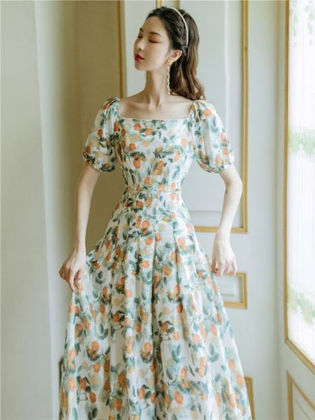 

elegant vintage 90s dress summer puff sleeve square collar floral print party vacation a line long dress vestidos, Black;gray