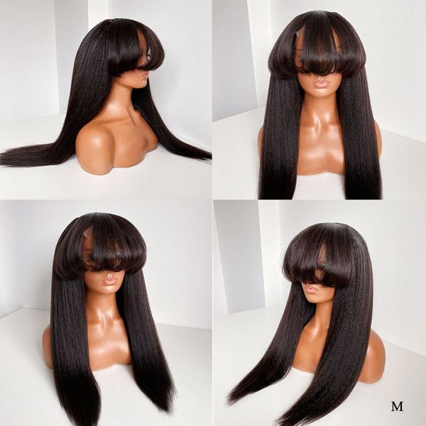 

glueless 360 lace frontal wigs with bangs natural brazilian afro kinky straight human hair remy wigs for black women pre plucked, Black;brown