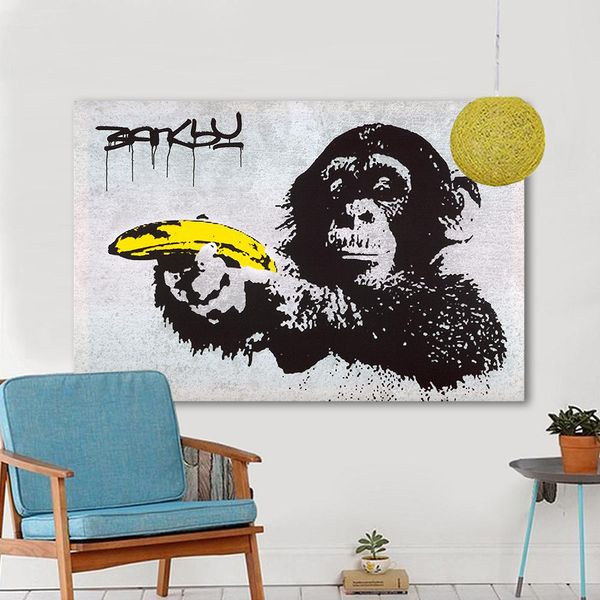 

chimpanzee holding a banana hand painted &hd print home wall decor banksy graffiti art oil painting on canvas multi sizes g160