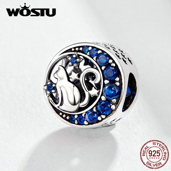 

wostu blue moon star cat шариков стерлингового серебра 925 эмаль cz charm fit оригинальный браслет подвеска diy изготовление ювелирных издел, Blue;slivery