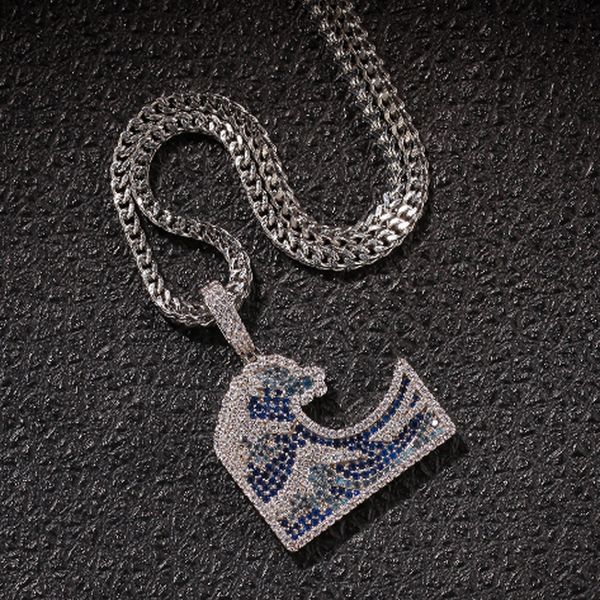 

High-grade Hip-hop Vacuum Plating Accessories for New Zircon-inlaid Pendant Necklace with Colored Zircon Wave Patterns in Kanagawa Surfing