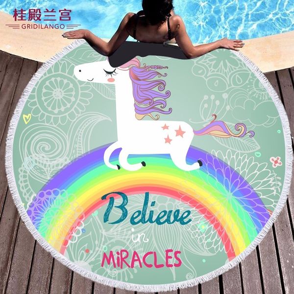

cartoon unicorn round beach towel green unicorn with tassels for adults kids bath towels outdoor sport yoga mat blanket dropship