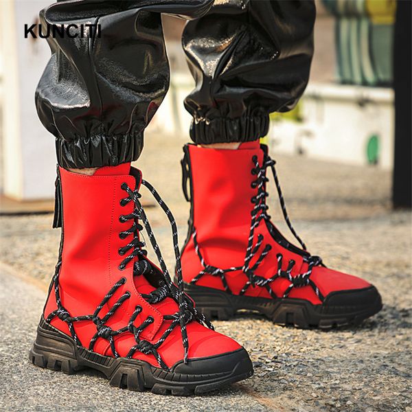 

2019 kunciti hip hop ladies rope gladiator boots lace up dancing shoes fashion online cool red booties new designer d9250, Black