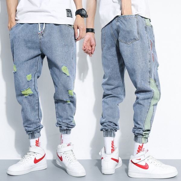 

hole panelled mens designer jeans fashion vintage drape washed drawstring mens ankle banded pants casual males clothing, Blue