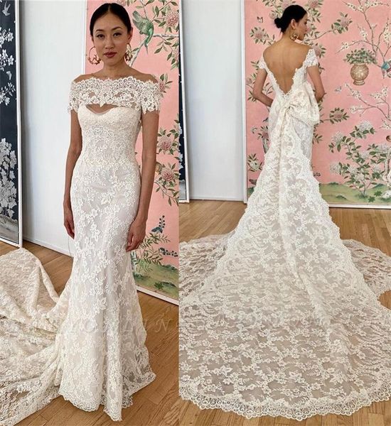 

japan vintage full lace wedding dresses mermaid off the shoulder long train bridal gowns chic bow back handmade wedding wear, White