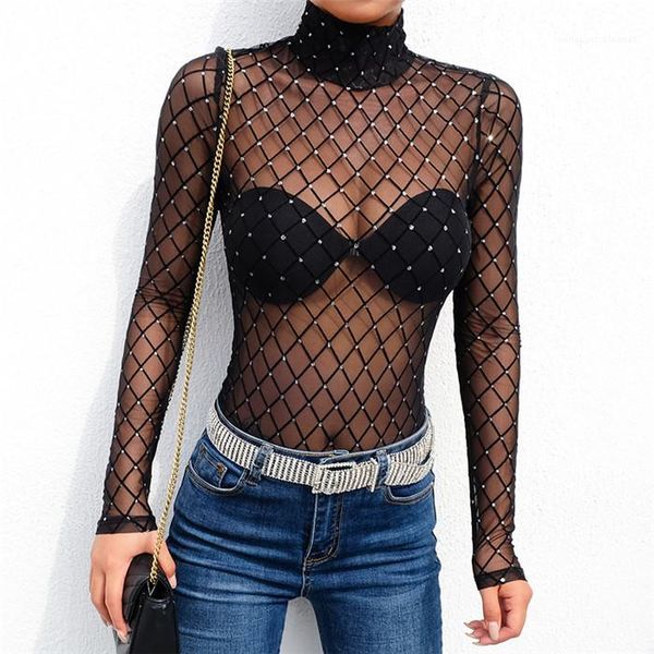 

night club ladies rhinestone see though slim tees females fashion clothes women black fishnet hollow out jumpsuits designer, White