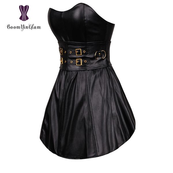 

black gothic punk women's long torso boned corset bustier leather clubwear dress zip back 9003#, Black;white