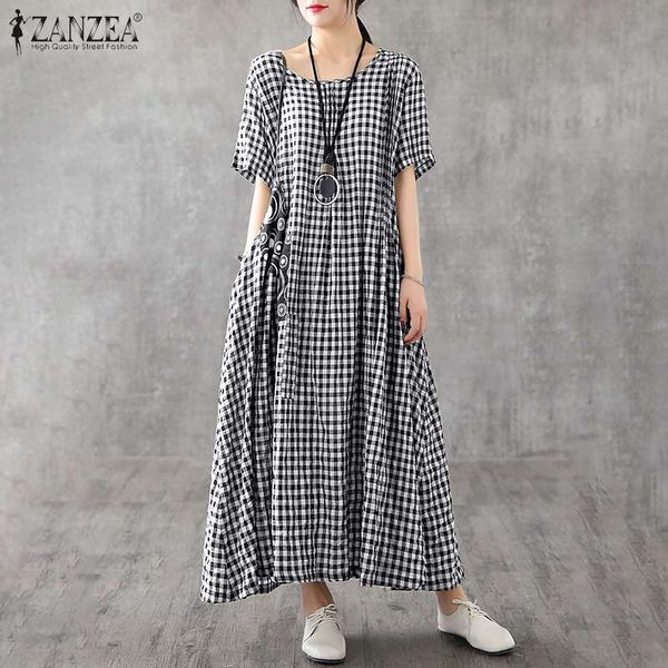 

summer plaid checked sundress women vintage short sleeve long dress zanzea casual o neck maxi vestido retro dresses kaftan robe, Black;gray