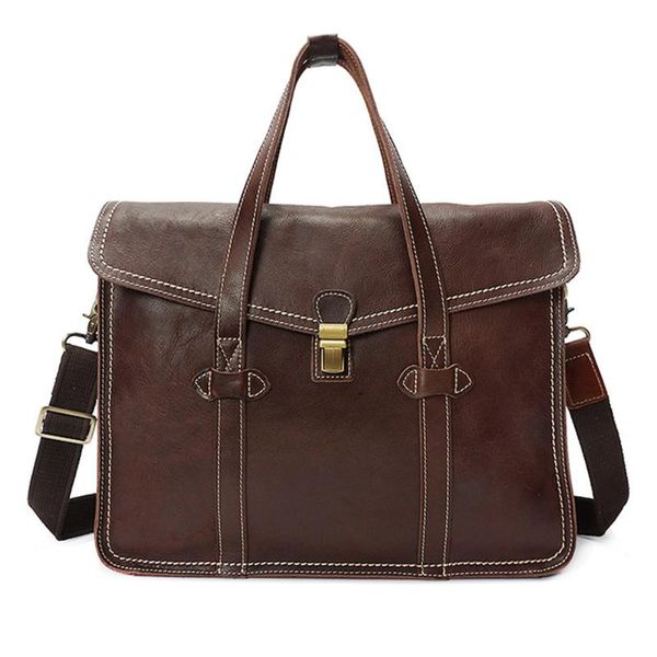 

handmade genuine leather men briefcase vintage business handbag oil wax cowhide shoulder bag 16 inch lapmale messenger bags