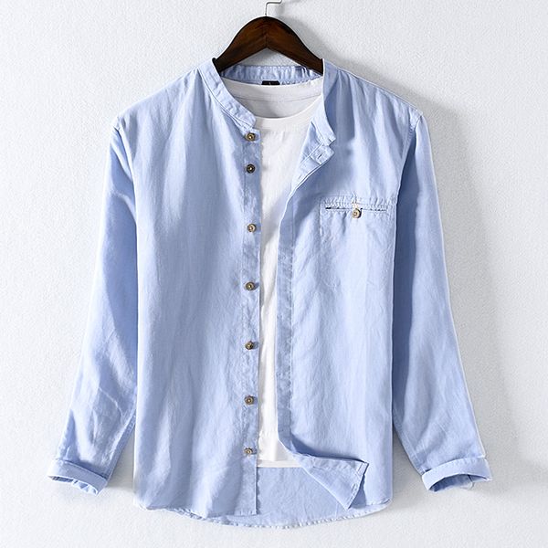 

designer unique brand shirt men long sleeve blue shirts for men stand collar linen shirt mens fashion breathable shirts male, White;black