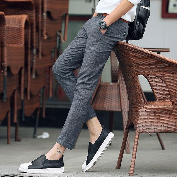 

summer men's casual pants plaid men straight slim trousers ankle-length pants cotton thin dress pantalon homme plus size 42 y1892503, Black