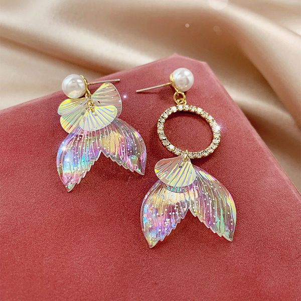 

fairy rainbow glitter arcylic mermaid earrings women sweet shinning resin simulated pearl big statement dangle earrings jewelry, Silver