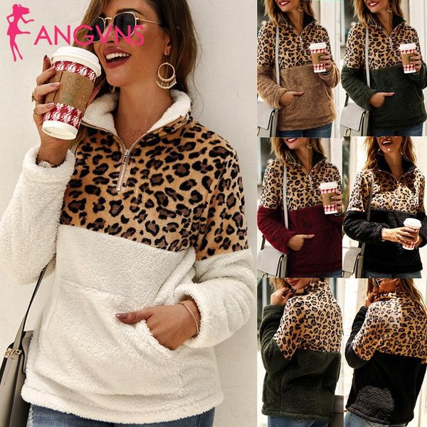 

angvns leopard patchwork faux fur sweatshirt long sleeve pockets warm fleece pullover casual plush sweatshirt hoodie turtleneck, Black