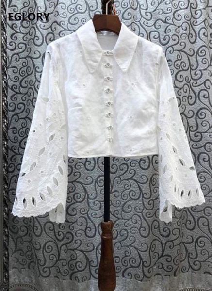 

linen shirts 2020 summer blouses women turn-down collar hollow out embroidery long sleeve black white shirts, Black;brown