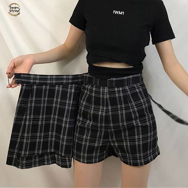

летняя мода юбка женщины высокой талией plaid a-линия юбка повседневная мода kawaii student юбки шорты хорошее падение качества груза, Black