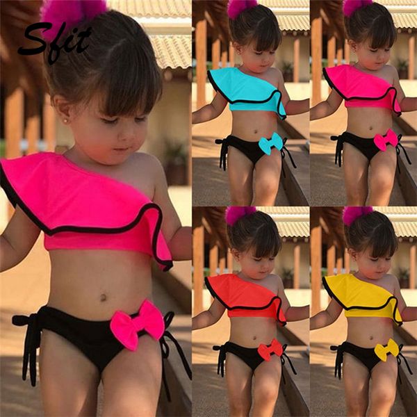 

sfit summer baby kids girl two piece swimsuit child swimwear ruffles bow water sports bikini shoulder beach bathing costume 2019