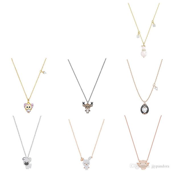 

fahmi little cute owl cute flying pig penguin crystal pearl snowman pendant necklace elk puppy playful rabbit clavicle chain rose, Black