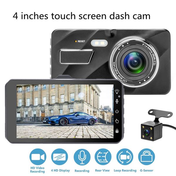 

4" ips touch screen car dvr driving video camcorder car black box 1080p full hd dual lens 170 degrees night vision wdr g-sensor