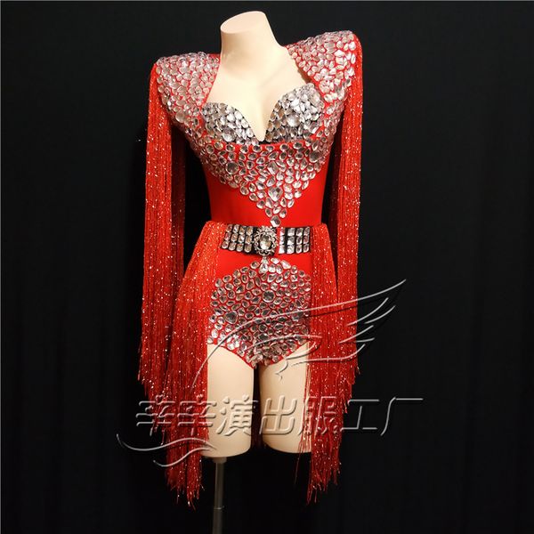 

stage wear nightclub female singer dj bodysuit ds costume modern rhinestone dress one-piece gogo dance bling costumes crystal, Black;red