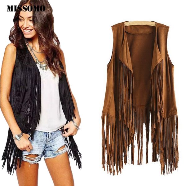 

women's vests missomo chaleco flecos women autumn winter suede ethnic sleeveless tassels fringed vest cardigan waistcoat 2021, Black;white
