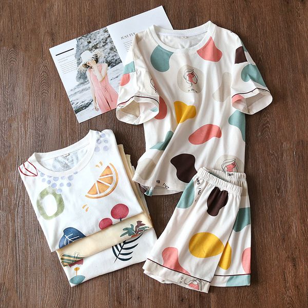

comfortable 100% cotton homewear pajamas suits summer new ladies printed hedging short sleeve shorts casual loose pajamas suits, Black;red