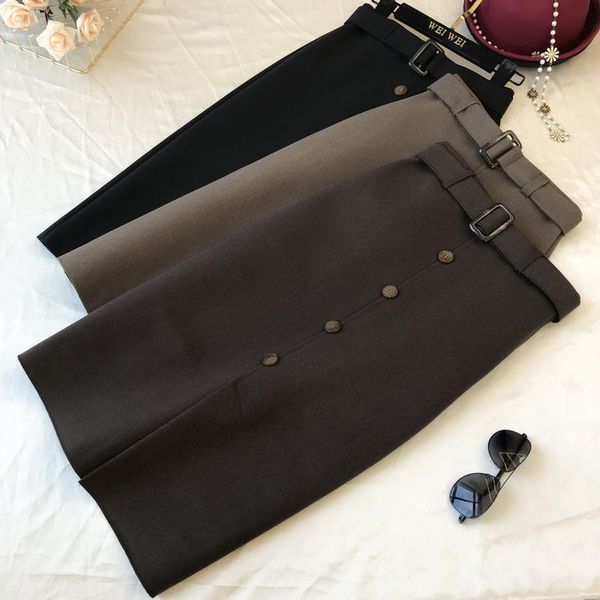 

осень зима толстые шерстяные юбки женщины высокой талией однобортный колено длина а линия юбка, Black